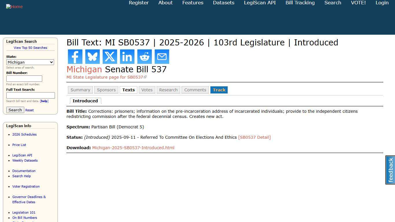 Bill Text: MI SB0537 2025-2026 103rd Legislature Introduced LegiScan